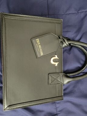 True Religion Black Leather Tote Bag with Gold Hardware